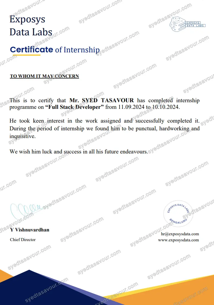 Full Stack Developer Internship certificate, issued by Exposys Data Labs