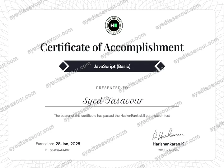 JavaScript (Basic) certificate, issued by HackerRank