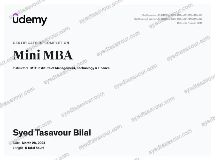 Management Program (Mini MBA Equivalent) certificate, issued by MTF Institute of Management, Technology and Finance