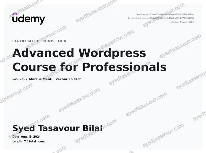 Advanced WordPress for Professionals certificate, issued by Udemy