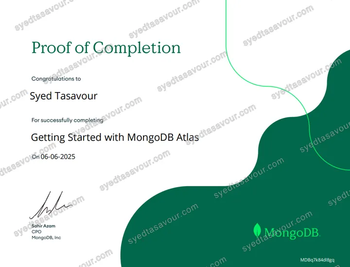 Getting Started with MongoDB Atlas certificate, issued by MongoDB