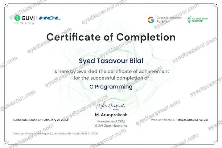 C Programming Fundamentals certificate, issued by Guvi
