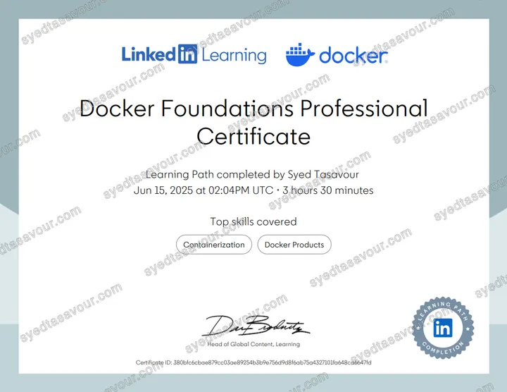 Docker Foundations certificate, issued by Docker