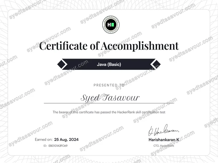Java certificate, issued by HackerRank