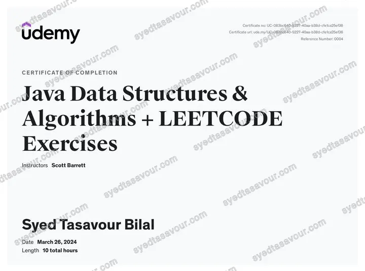 Java Data Structures & Algorithms certificate, issued by Udemy