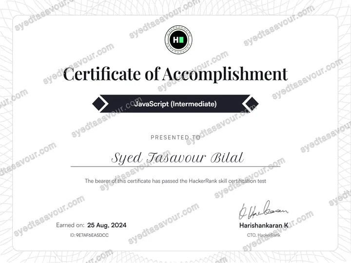 JavaScript (Intermediate) certificate, issued by HackerRank