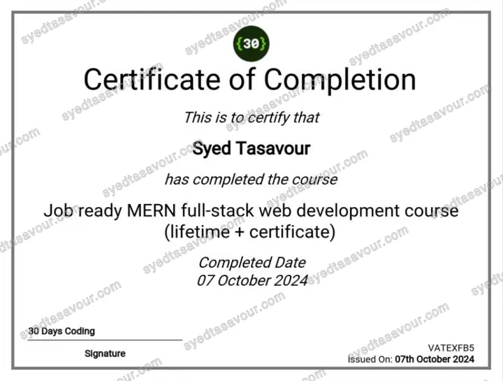 Full Stack MERN Development certificate, issued by 30DaysCoding
