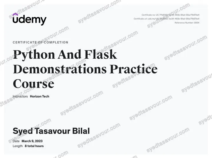 Python and Flask Practice Course certificate, issued by Horizon Tech · Udemy