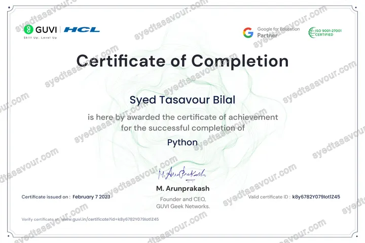 Python Programming certificate, issued by Guvi