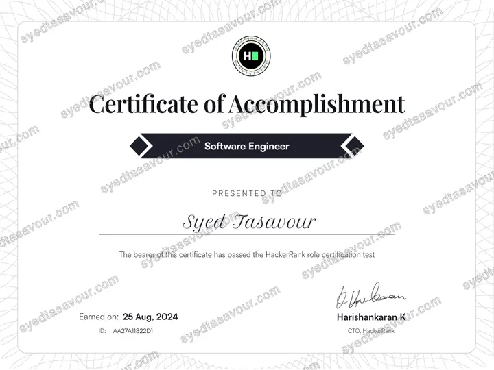 Software Engineer certificate, issued by HackerRank