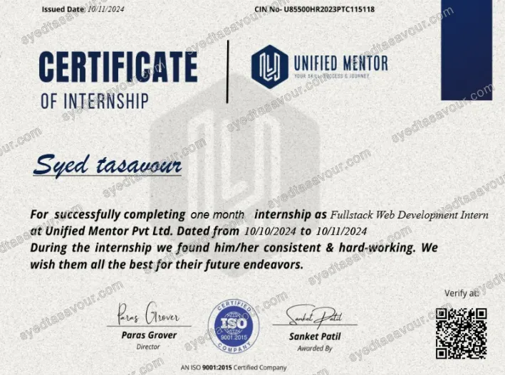 Fullstack Web Development Internship certificate, issued by Unified Mentor